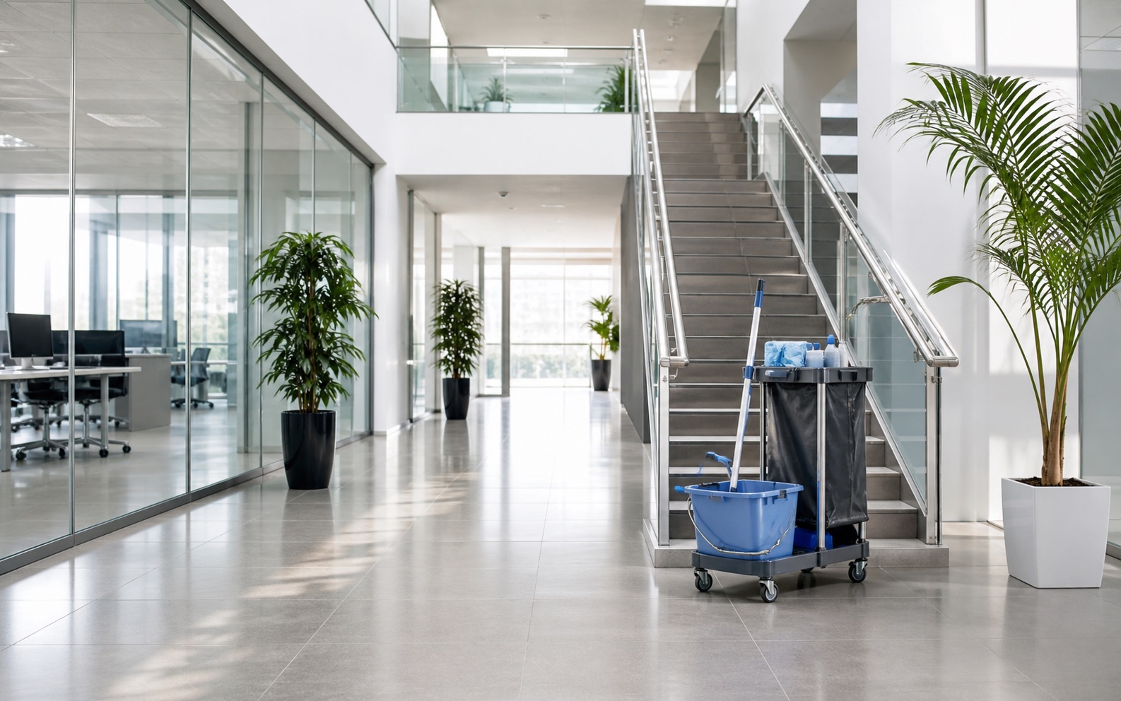Sauberer Innenbereich mit Reinigungsequipment