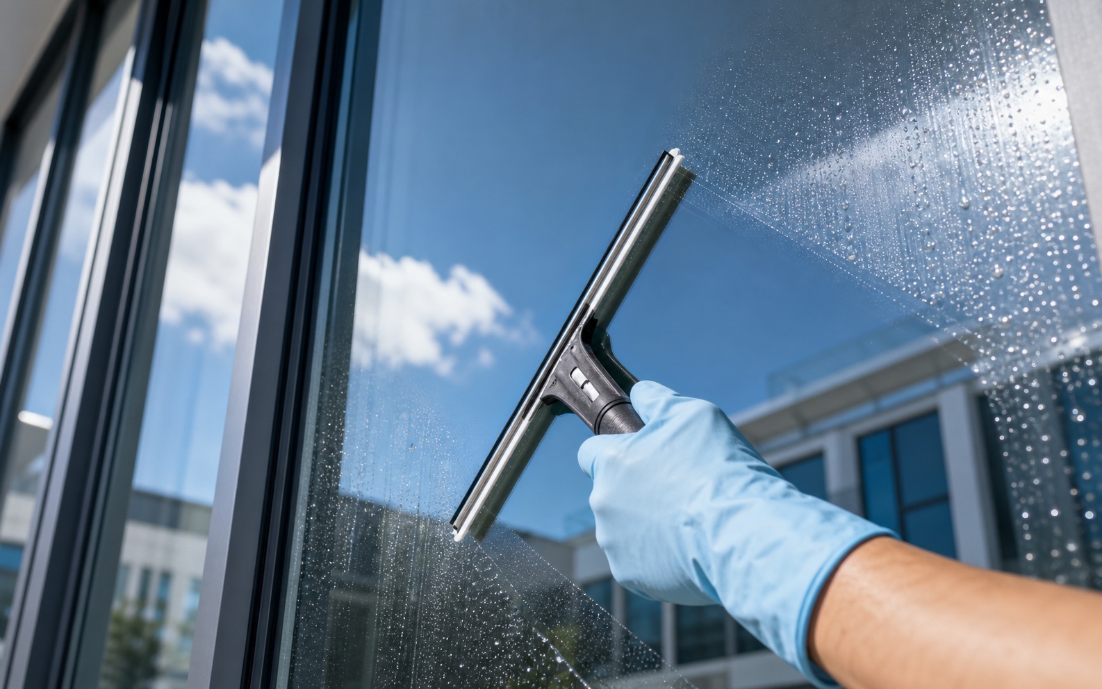 Fensterreinigung mit Abzieher auf moderner Glasfläche