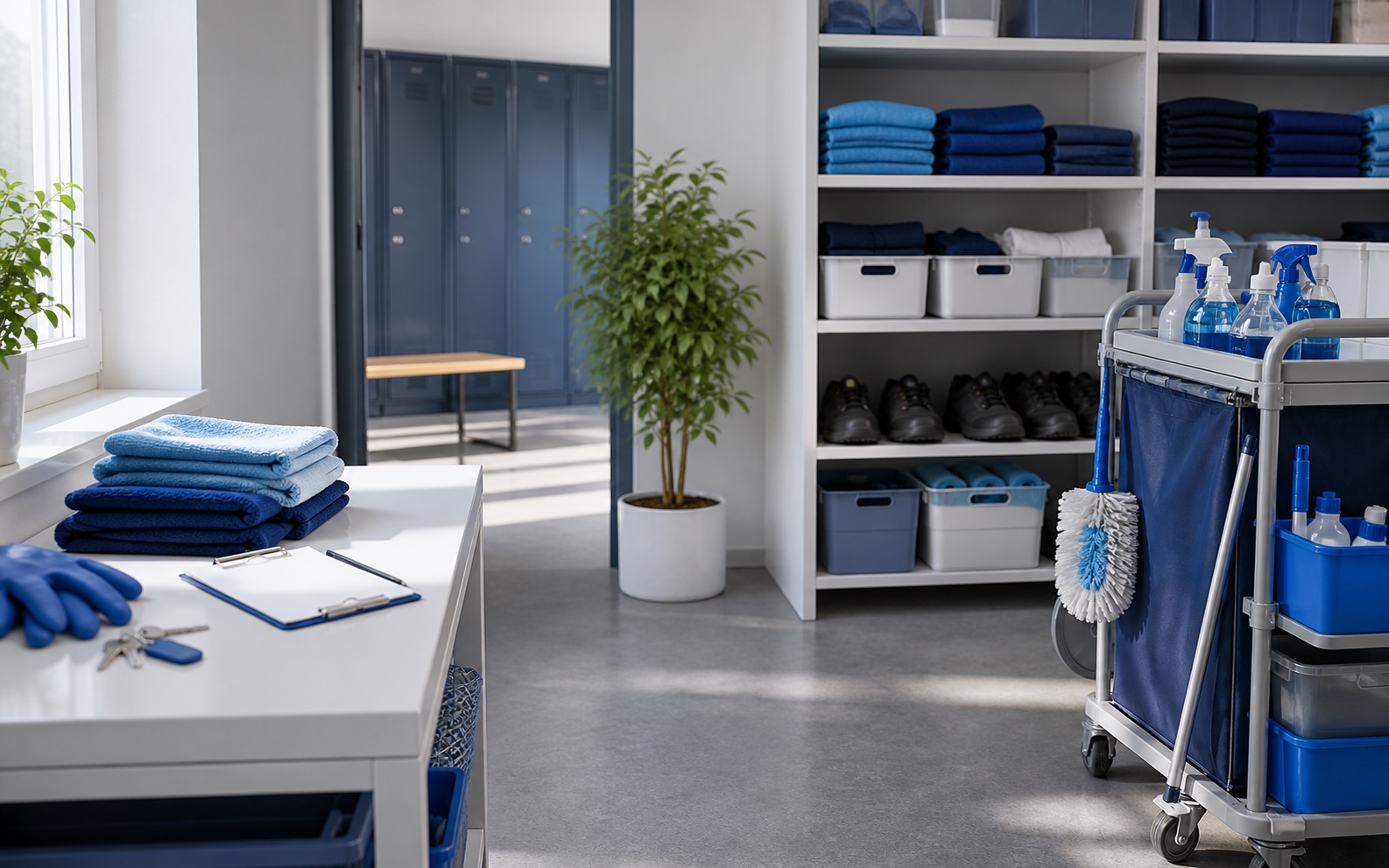 Ordentlich vorbereitete Reinigungsausstattung in einem hellen Materialbereich